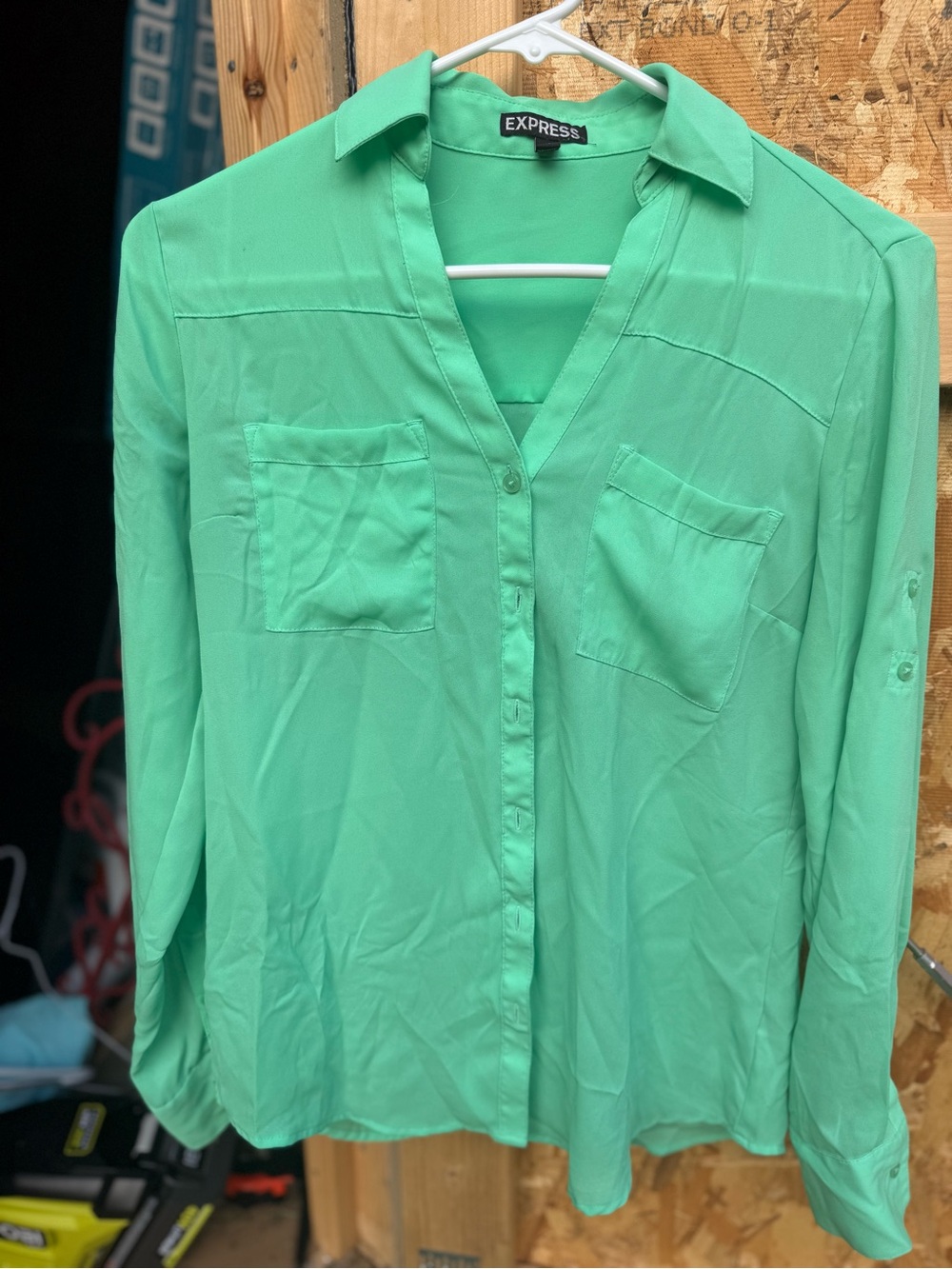Express Mint Green Button-Front Shirt with Chest Pockets